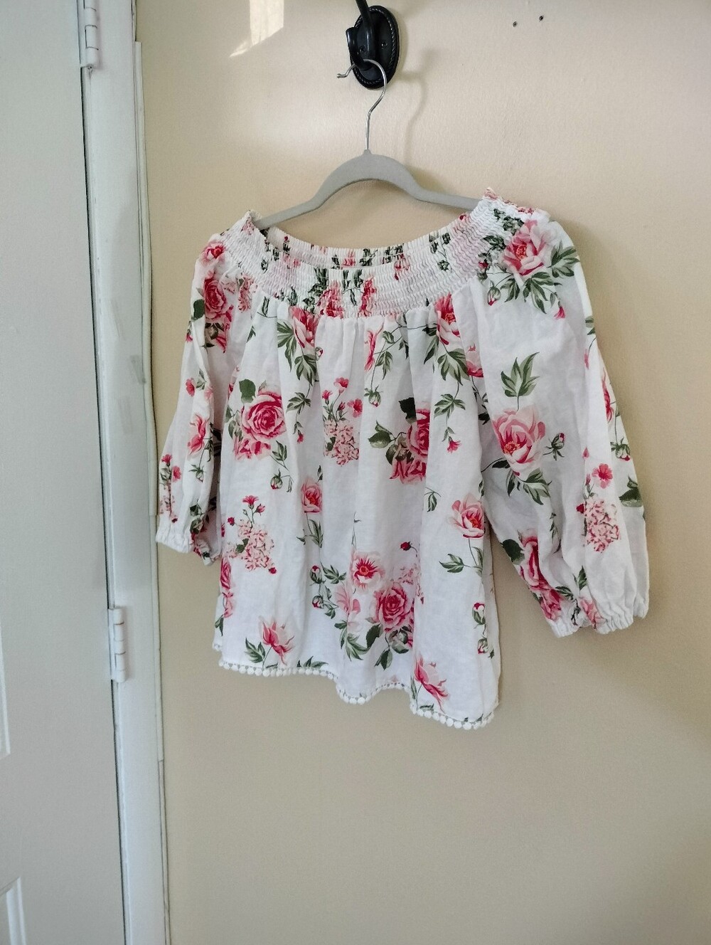 Zara Linen Blend White Pink Floral Relaxed Off-Shoulder Blouse S Vacation
